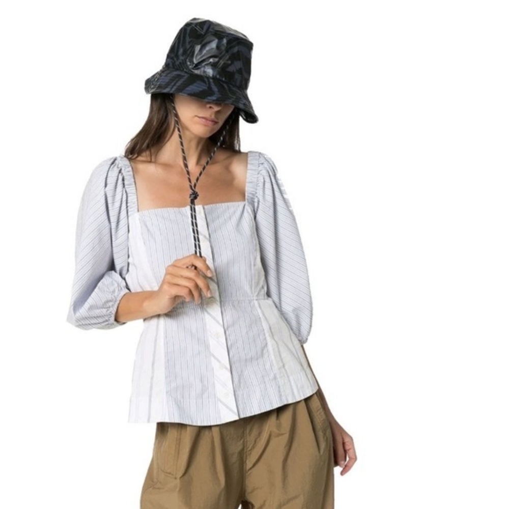 GANNI Blouse Cotton Puff Sleeve Button Down in Blue Striped